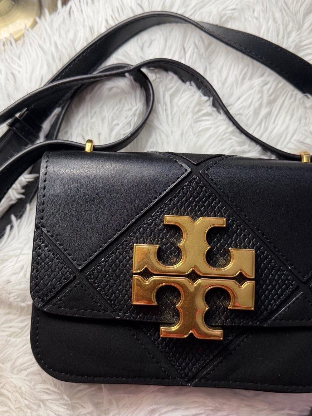 Black Leather Crossbody Bag with Gold Logo Accent